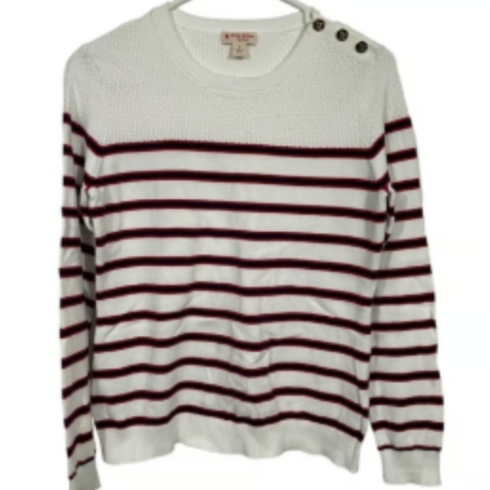 Brooks Brothers RED FLEECE LABEL White w Black and Red Striped Sweater